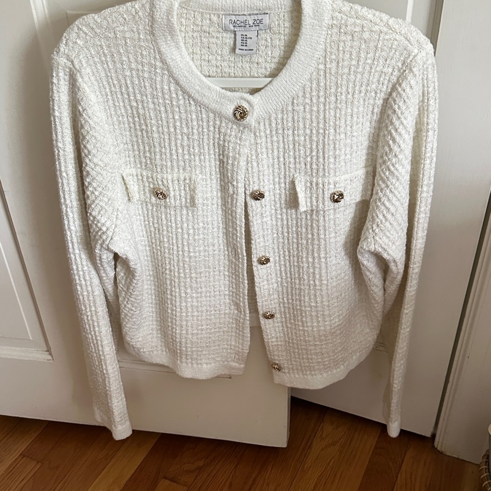 Rachel Zoe Cream Textured Knit Cardigan with Gold-Tone Buttons